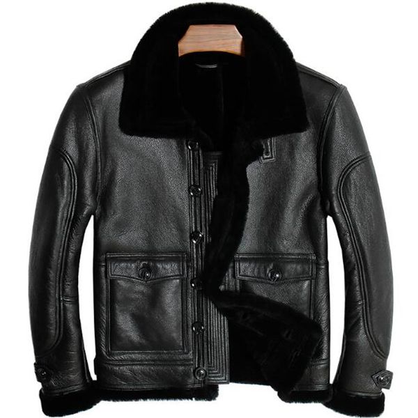 

mens sheepskin coat winter genuine leather jacket motorcycle pilot basic vintage black fur collar classic thick warm cashmere