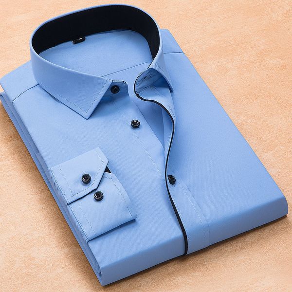 

plus size 8xl fashion soft turn down collar black button long sleeved twill solid business men dress shirts no front pocket, White;black