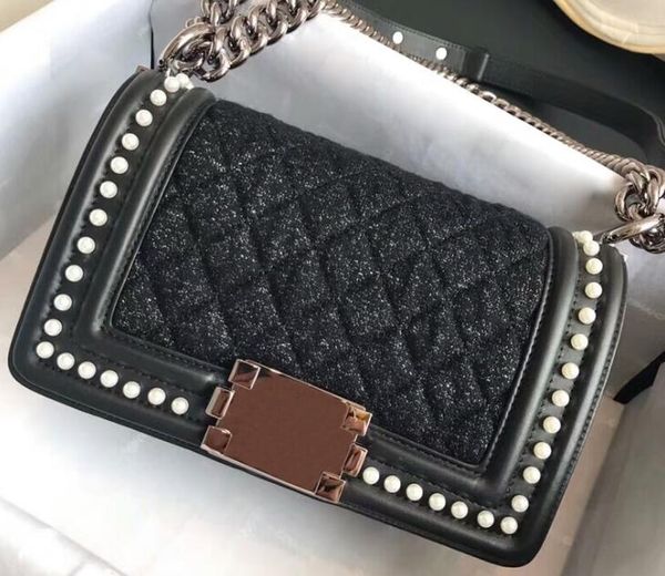 

Dhl 5a a67086 25cm a67085 20cm boy handbag tweed calf kin imitation pearl ruthenium fini h metal hardware come with du t bag box