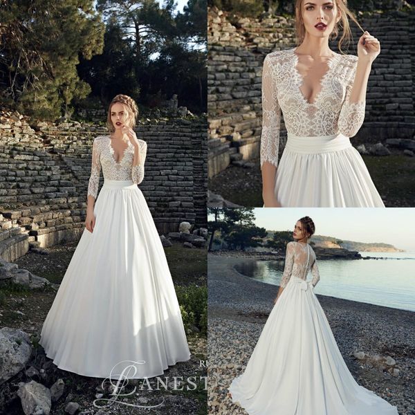 

elegant 3/4 long sleeve a line satin wedding dresses 2019 latest wedding dress lace appliqued vestido de noiva plus size bridal gowns, White