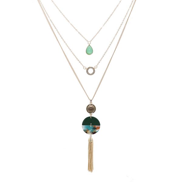 

retro exaggeration style semi-circular wood acetate version three-layer green stone water droplets beautiful necklace, Silver