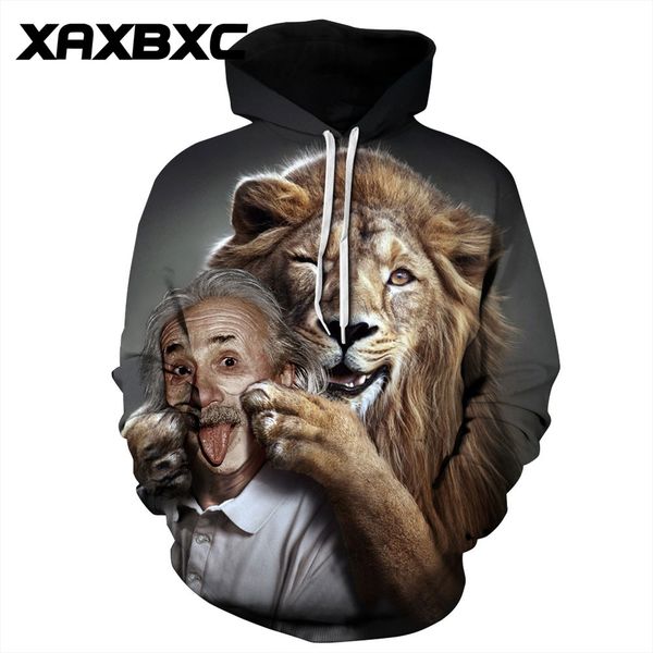 

2018 autumn 310 funny einstein lion smoking prints women jacket hooded femme sweatshirt casual loose men pocket hoodies coat, Black