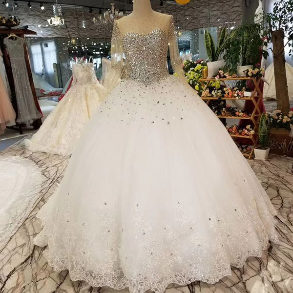 

2019 блестящий кристалл чешские свадебные платья иллюзия декольте милая шея с длинным рукавом тюль зашнуровать обратно аппликация сад свадеб, White