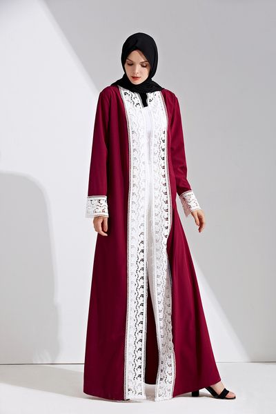 

new muslim women lace patchwork open abaya wholesale factory price islamic women long sleeve maxi cardigan, Red