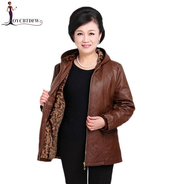 

winter middle-aged leather jacket 2018 women thick large size 2xl-5xl pu leather coat loose female hooded outerwear fashion516, Black