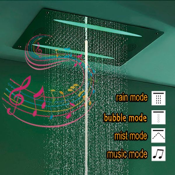 Luxo LED Teto Duche Cabeça Square Sus304 Casa de Banho Inoxidável Acessórios de Produto Música FM Rádio e Bluetooth Sobrecarga Chuva Spa