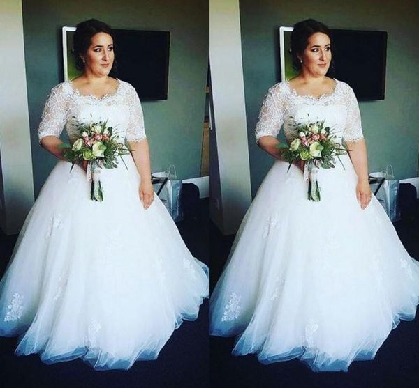 

new plus size a-line wedding dresses with half sleeves lace applique bridal dress custom made wedding gowns, White