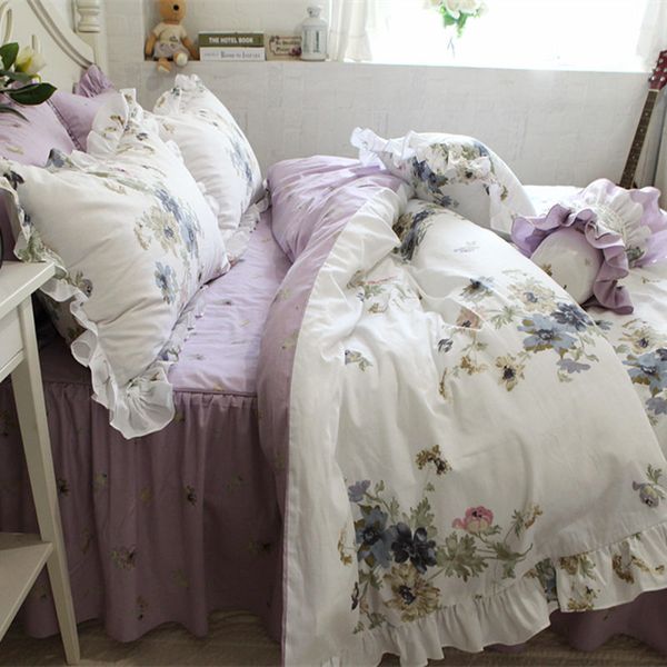 New Purple Print Bedding Set Elegant Flower Ruffle Duvet Cover