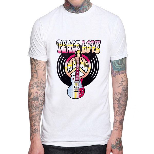 

fashion brand casual rock men t-shirt peace love design mens tee shirts cotton white guitarist print man t shirt ing, White;black