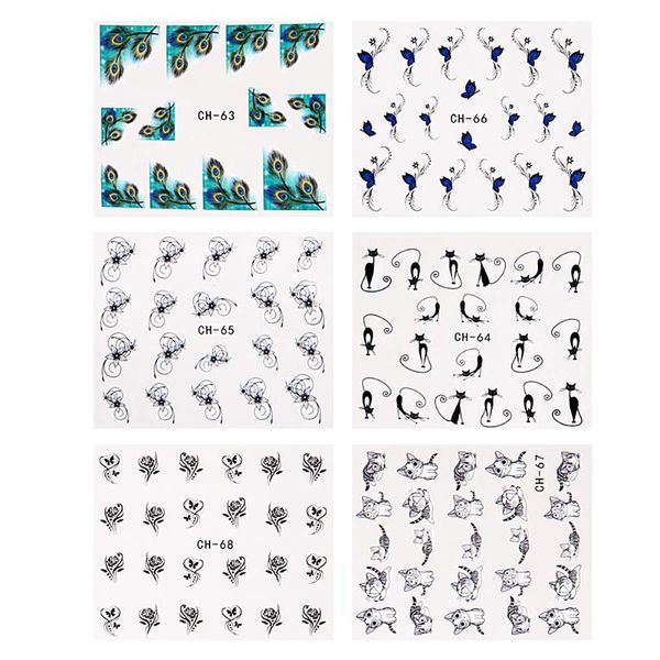 

6pcs 3d nail art sticker water transfer stickers flower decals tips peacock feather nail art sticker decal decoration, Black