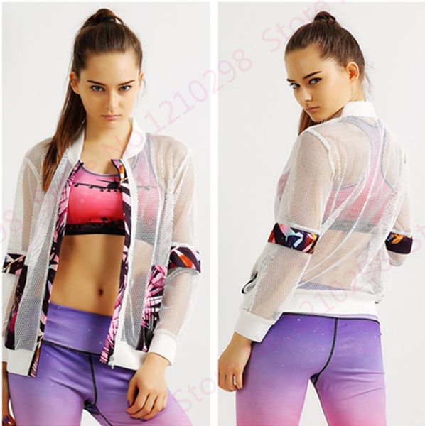 

wholesale-white women sports running jacket print sun protection clothing long sleeve jackets stand collar cardigan mesh patchwork jacket, Black;red