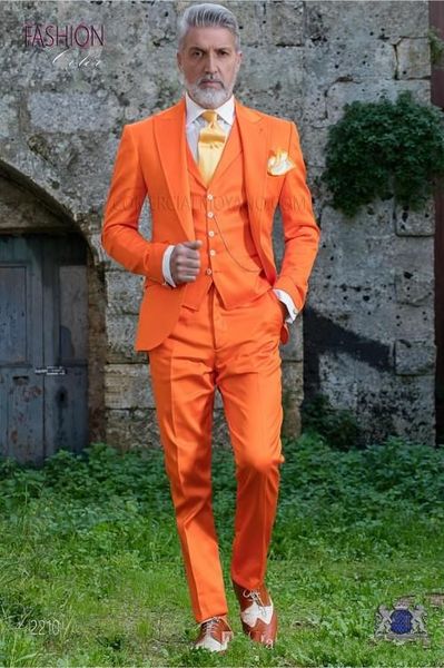 Özel Tasarım Tek Düğme Turuncu Düğün Damat Smokin Tepe Yaka Groomsmen Erkek Akşam Yemeği Blazer Suits (Ceket + Pantolon + Yelek + Kravat) No: 1545