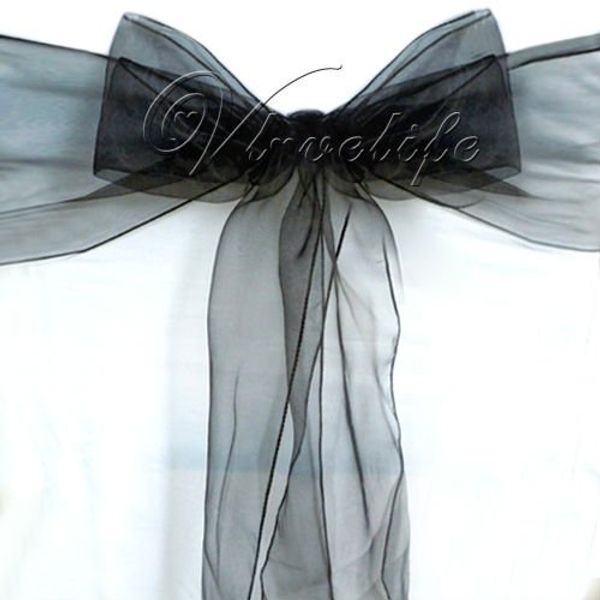 

wholesale-25pcs new black organza chair sashes bow cover banquet
