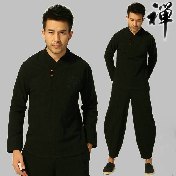 

buddhist meditation men's traditional chinese kung fu sets cotton linen blouse elastic waist pants loose tang suit ethnic clothing for, Red