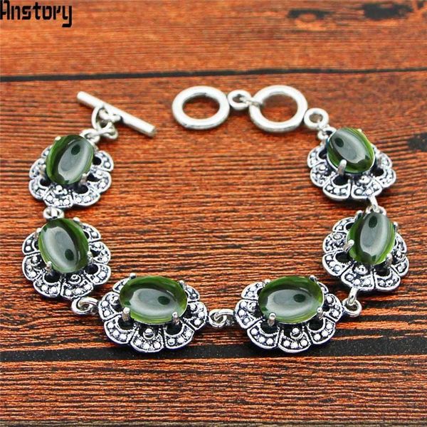 

oval transparent green crystal bracelet flower design vintage look antique silver plated fashion jewelry tb344, Golden;silver