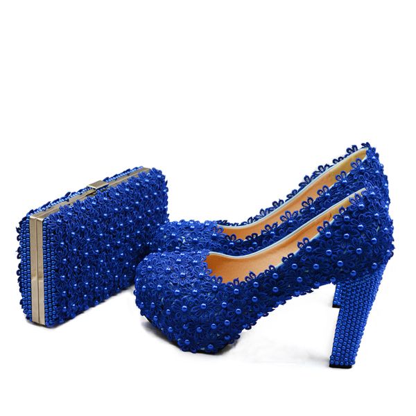 Wunderschöne blaue Damen-Pumps aus Spitze mit passender Tasche, Brautjungfernschuhe mit klobigem Absatz und Handtasche, Pumps für Hochzeit, Party, Abschlussball, Clutch-Set