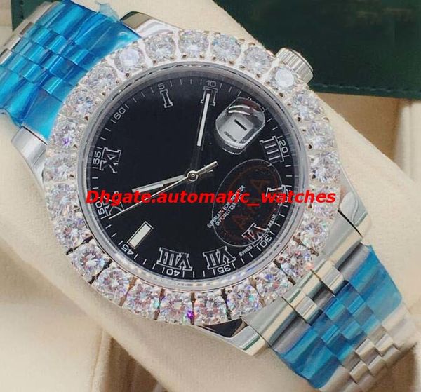 

selling luxury watches mens 44mm black roman dial bigger diamond bezel sapphire automatic fashion men's watch wristwatch, Slivery;brown