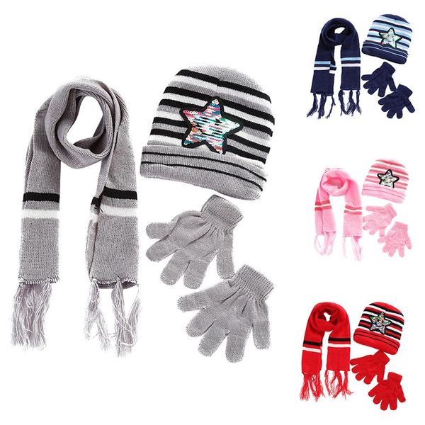 

autumn winter baby kids boys girls paillette star pattern beanie cap scarf gloves set, Yellow