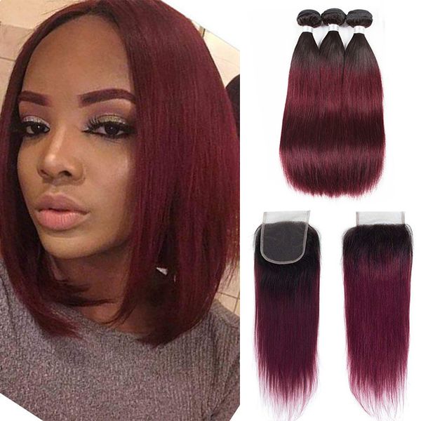 

ombre two tone 1b 99j black and burgundy human hair lace closure with 3 bundles brazilian peruvian malaysian straight virgin hair deals, Black;brown