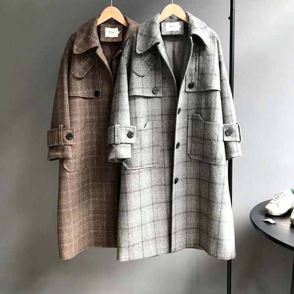 

2018 preppy style women woolen plaid coats long sleeve knee length classic winter thick wide waisted wool coats gray, Black