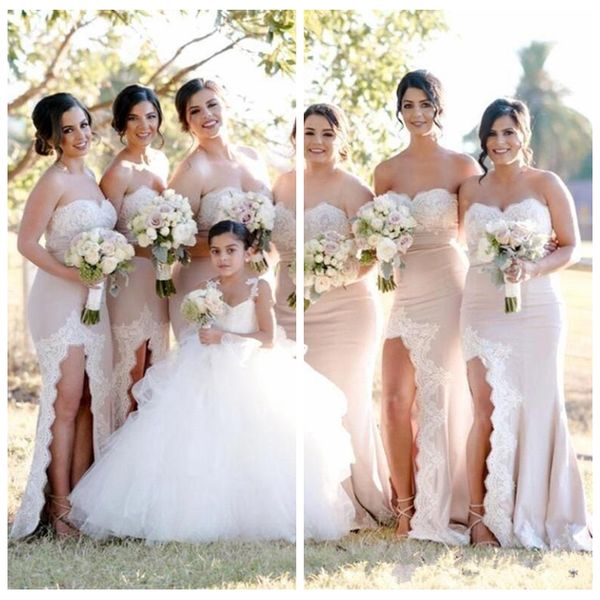

long country bridesmaid dresses mermaid sweetheart high side split 2019 with white lace appliques formal guest dresses honor of maid, White;pink