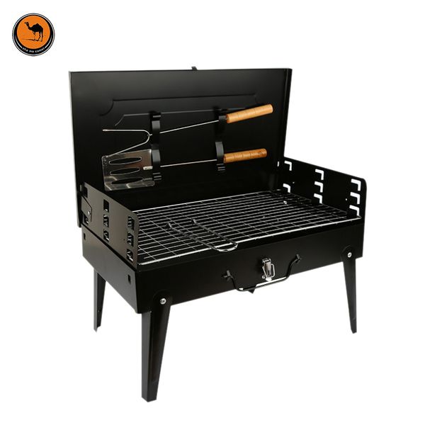 

new arrival box-type iron bbq oven outdoor portable foldable leisure camping barbecue charcoal grill fits for 3-5 person