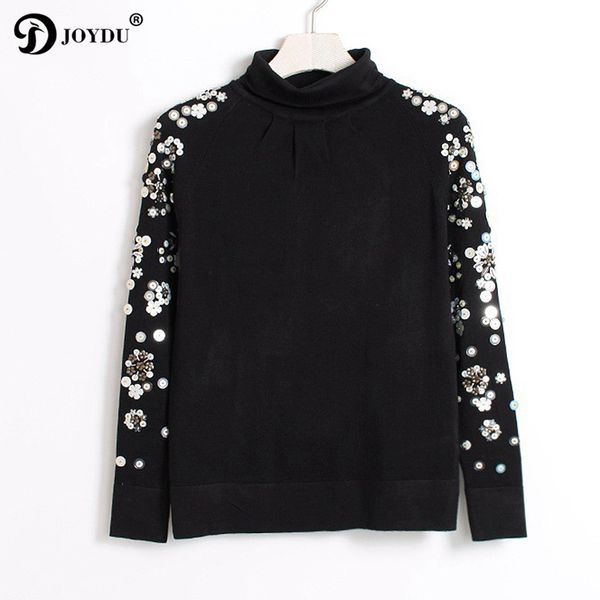 

joydu runway pullover handmade beading winter turtleneck sweater for women 2018 fashion design long sleeve black knit jumper top, White;black
