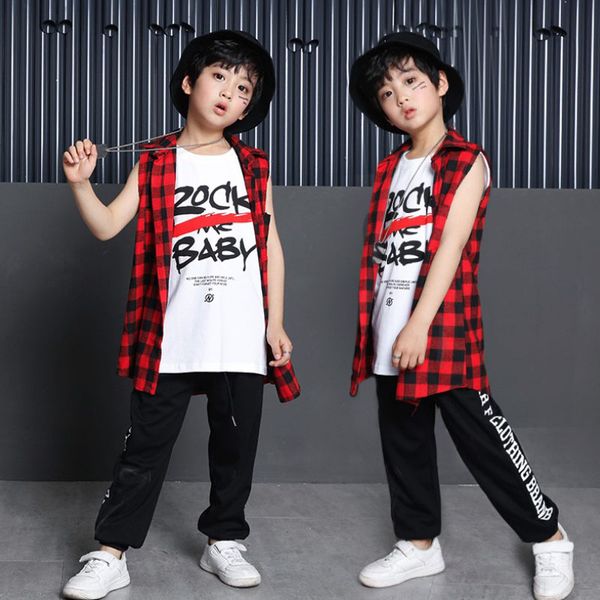 

ktlparty children boy girl rock hip hop costume hip hop vest red check jazz clothing t-shirt street jazz dance hip-hop costume, Black;red