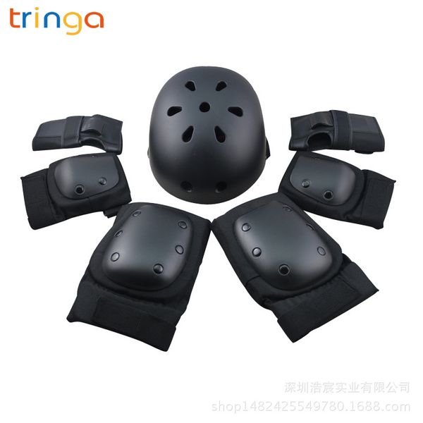 

children's sports protective gear roller skating protective cap skating skateboard knee sports set children's seven-piece, Black;gray