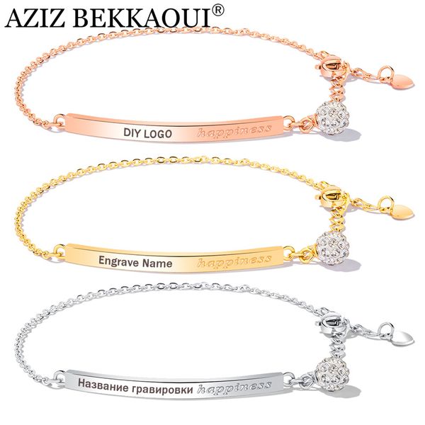 

aziz bekkaoui simple style diy logo rose gold bangles for women crystal charms bracelet engraved name stainless steel bracelet, Golden;silver