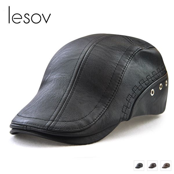 

lesov winter double-deck brim pu leather beret cap for men duckbill ivy cap boina masculina vintage flat visor hat casquette, Blue;gray