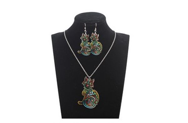 

halloween cat necklace earring sets retro acrylic paintig necklace earring great gift for her jewelry sets, Golden;silver