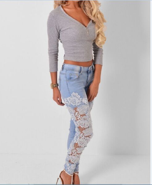 

кружева сторона шить тонкий стрейч джинсовые брюки, Blue