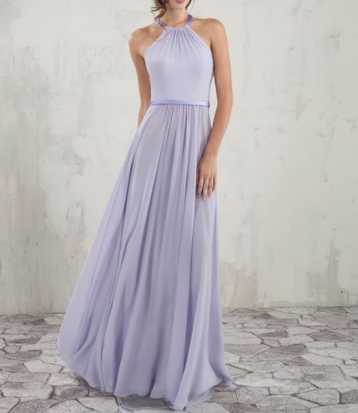 LILAC Bridesmaid Платья Шифон Длинные Холтер Длина Рукавов Без рукавов Свадебные Платья Партия Дешевый Светло-Желтый / Королевский Синий / Бургундский