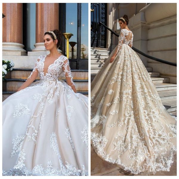 

2018 кружева с длинными рукавами a-line свадебные платья свадебные платья с бисером блестки кружевные аппликации часовня поезд сад vestidos, White