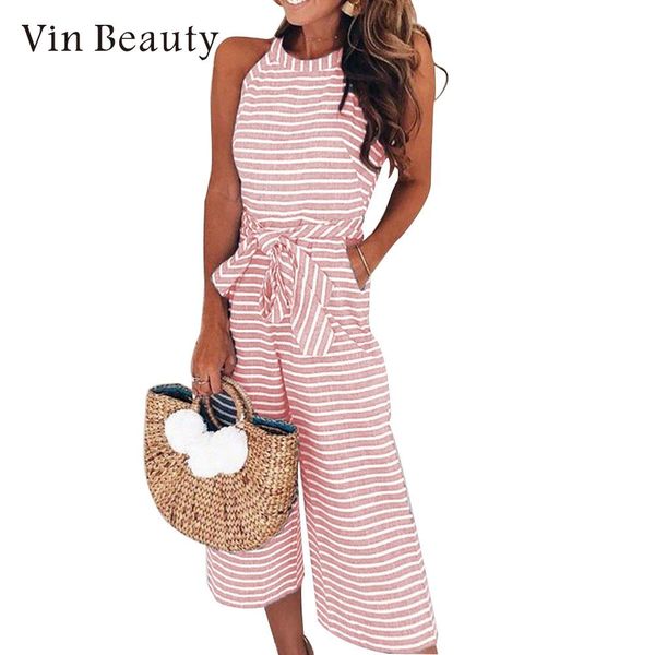 

2018 fashion women jumpsuits wide leg trousers lady strappy stripe jumpsuit o-neck sleeveless t-shirt rompers 4 colors, Black;white