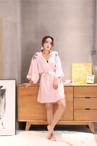 

synthetic silk embroidered chinese rose women silky robe sleeping gown nightdress sleepwear for ladies lingerie pajamas, Black;red