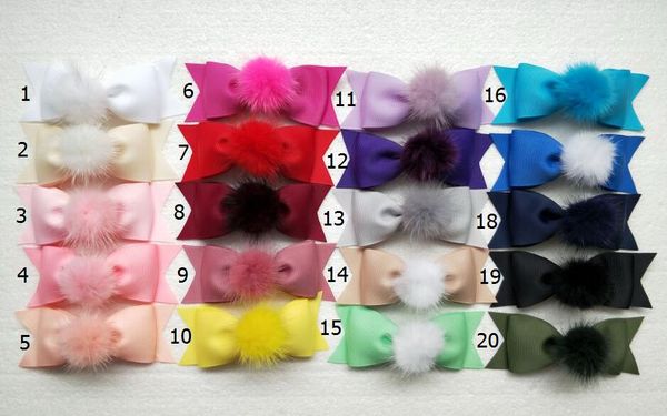 

100pcs boutique girl 4" tuxedo hair bows clips pom pom fur pompon headwear pompoms hair elastic accessories hair bands hairpins gr106, Slivery;white
