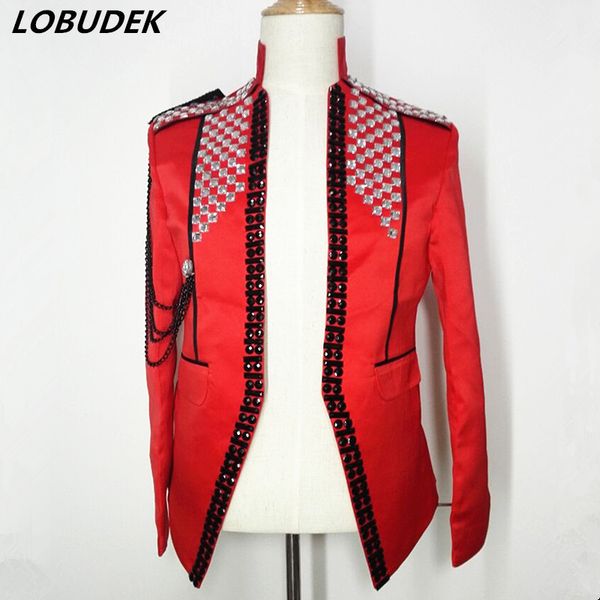 

red white rhinestones jacket male costume tide chain coat nightclub punk singer stage outfit dancer star performance outerwear, Black;brown