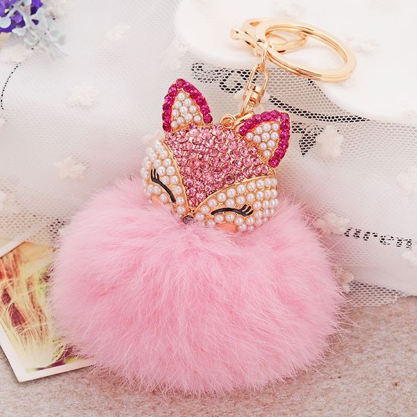 

new fashion crystal sweet keychain for women girl bag pendant creative cute bling fur pom pom key chain, Silver