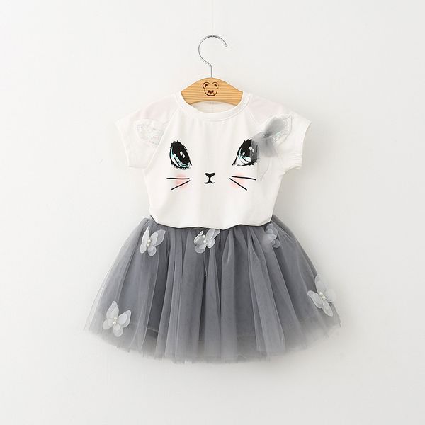 

kids girls cat pattern t-shirt butterfly tutu skirtÂ summer dress outfit clothing set baby swing dresses princess tulle dress, White