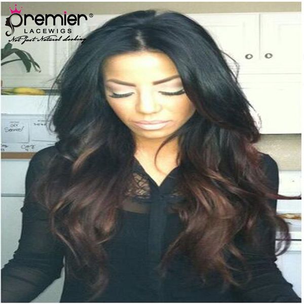 

premier affordable ombre lace front wigs indian remy human hair 150% density long wavy hairstyle for women, Black;brown