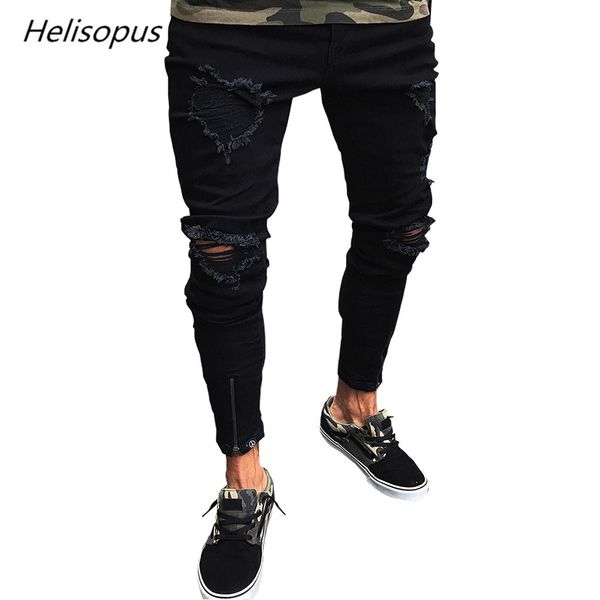 

helisopus fashion new men's straight pants elastic slim fit jeans solid color black casual distressed rip pants, Blue