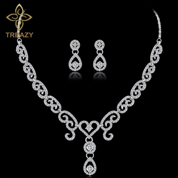 

treazy floral heart crystal wedding bridal jewelry sets silver color rhinestone wedding jewelry necklace earrings sets for women