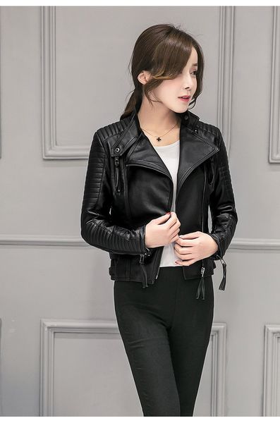 

women spring autumn pu leather jackets casual slim soft moto jacket biker faux leather coat, Black;brown