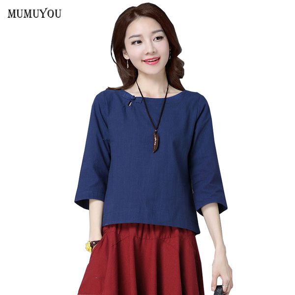 

women cotton linen t-shirt chinese style 4 colors 3/4 sleeve solid o-neck casual t-shirts summer 904-a499, White