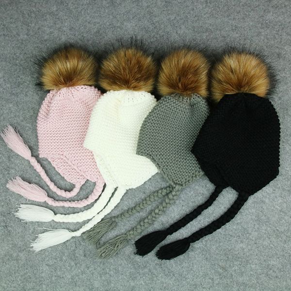 

cute kids fur pompom beanie hat baby child crochet woolen knitted cap 2018 winter warm boys girls pom pom hair ball hats bonnet