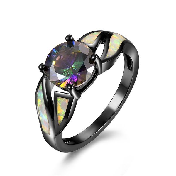 

fashion prong setting opal mysterious rainbow cubic zirconia z rings size 6/7/8/9/10 black gold plated women men's wedding jewelry, Golden;silver