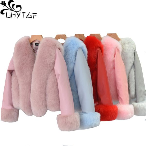 

uhytgf fashion winter coat female faux fur coat with pu sleeve female imitation fur jacket elegant women short outerwear 938, Black