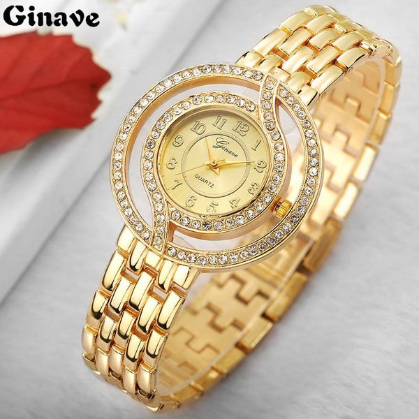 

ginave womens fashion gold alloy watches round dial rhinestone number quartz watch ladies wristwatch relojes mujer 2018, Slivery;brown